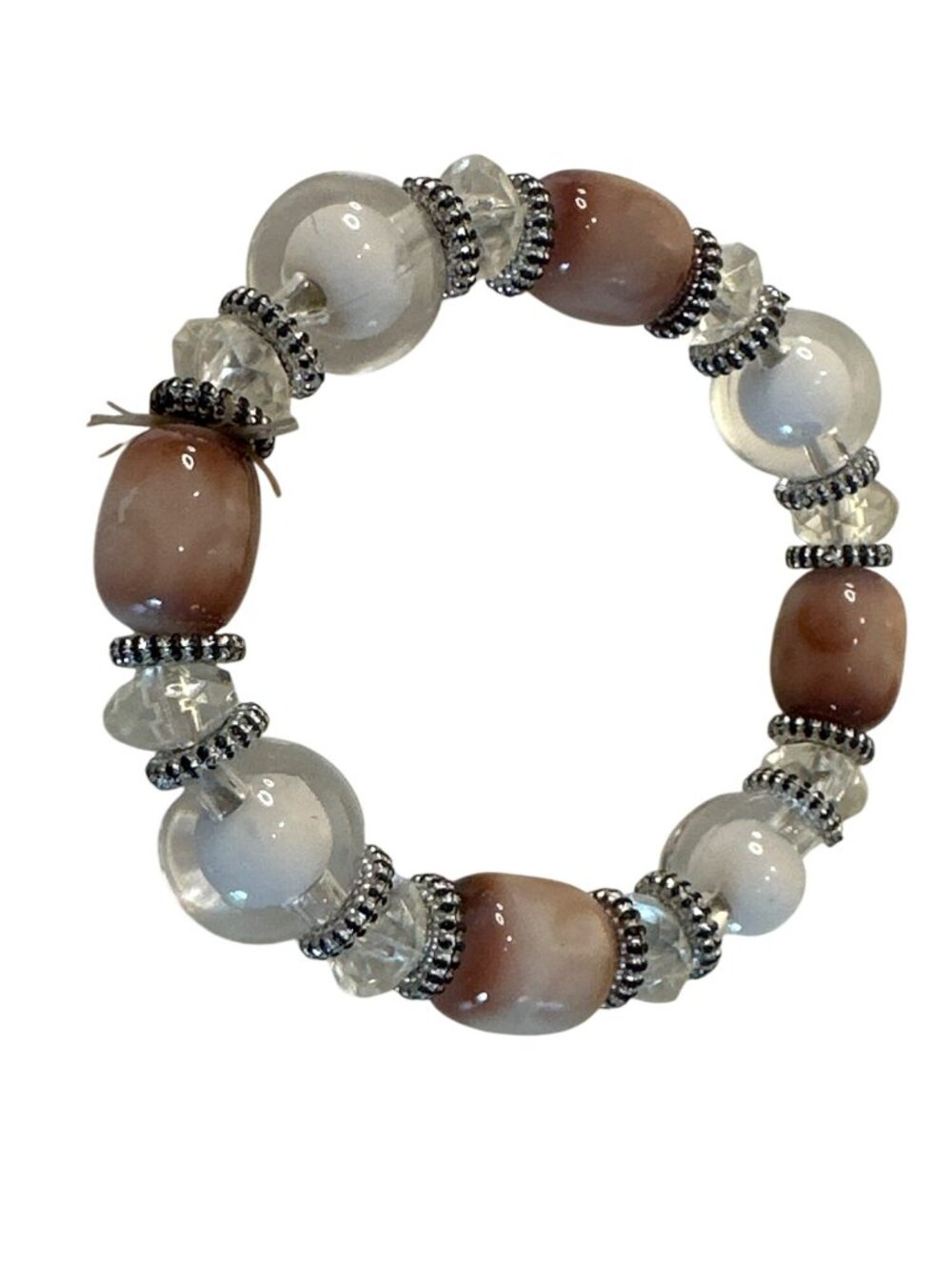Beaded Stretch Bracelet Clear & Brown Glass Beads Silver Tone Handmade Chunky